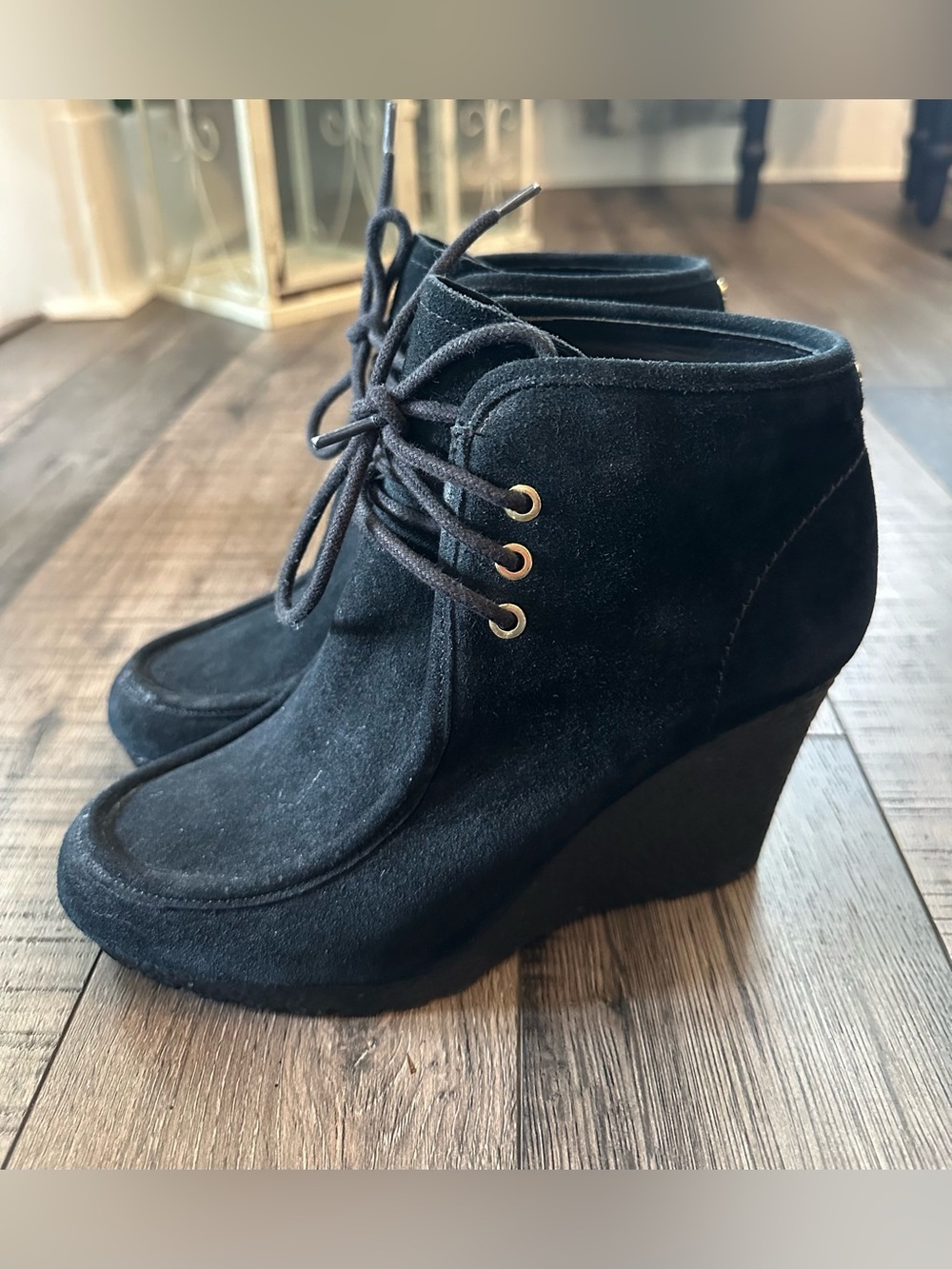 Michael Kors Boots Womens Size 8 Black Suede Wedge Heel Lace Up Ankle Booties